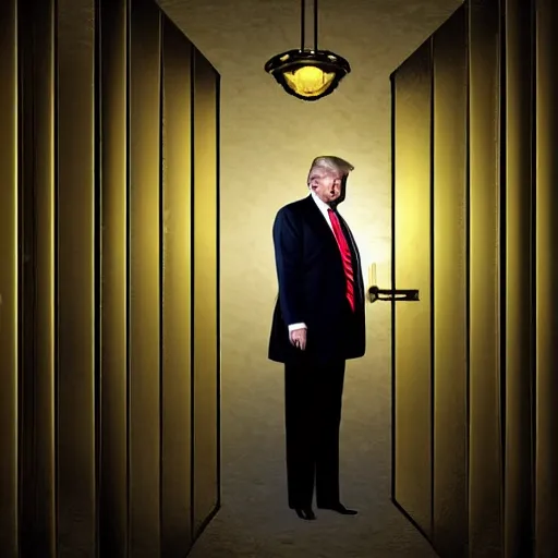 Image similar to Donald Trump as a convict in a golden prison cell, photorealistic, dramatic lighting