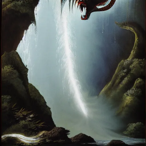 Image similar to oil painting of a dragon flying in the air near a cave with a waterfall in the center, light emanating from the waterfall leading to a big pool of water, dragon has black and white siberian tiger stripes, elegant, sharp focus, wide shot, clear, detailed, early renaissance