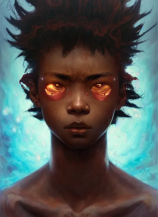 Image similar to prompt : portrait soft light painted by james jean and katsuhiro otomo and erik jones, inspired by akira anime, epic fantasy, a young long haired peasant boy with dark skin, brown skin, a dark complexation in plain fantasy clothing with intelligent eyes, intricate oil painting, high detail illustration, sharp high detail