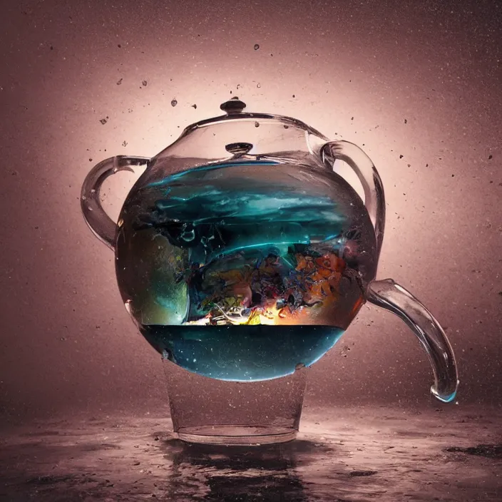 Prompt: thunderstorm tsunami inside a glass teapot. octane render, trending on artstation, very coherent symmetrical artwork. cinematic, hyper realism, octane render, 8 k, iridescent accents