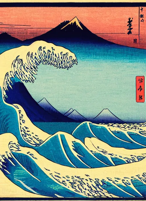 Image similar to a painting of waves in the ocean with mountains in the background, a woodcut by utagawa hiroshige ii, pixiv, ukiyo e, ukiyo e, vaporwave, woodcut