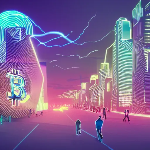 Image similar to landscape of people running away scared from crypto logos standing in the city, digital drawing, beautiful lightning, dribbble art, hyperdetailed, hdr, 8 k