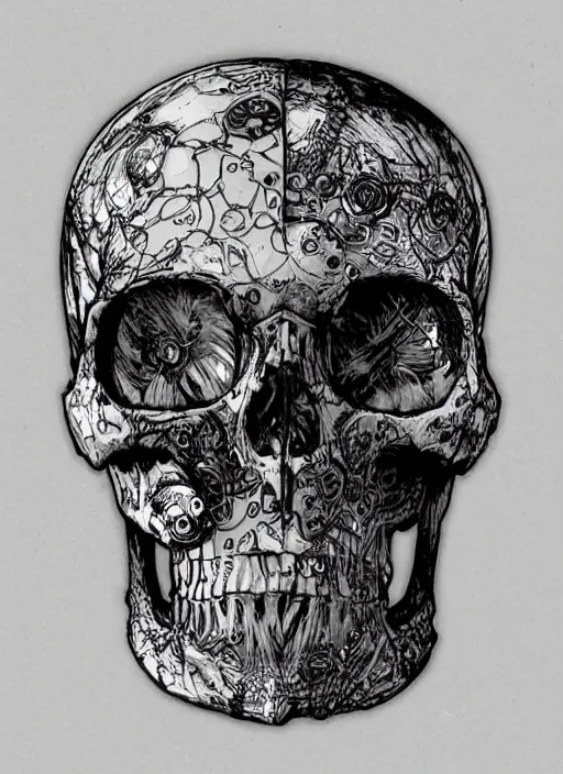 Image similar to intricate detailed biopunk cyberpunk skull, ivy, death,