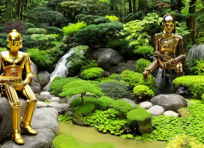 Prompt: C-3PO sitting in a lush japanese garden, C-3PO is holding a machine gun, waterfall, bright sun, still from star wars, shot on film, depth of field, nature show, incredible detail, dramatic lighting