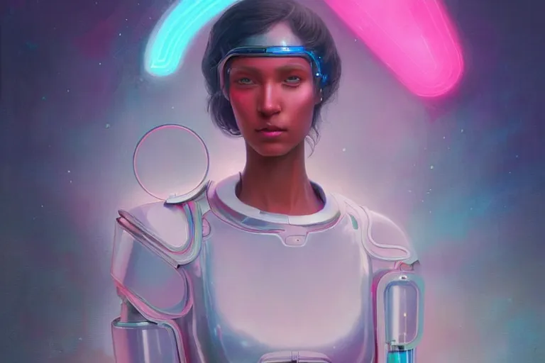 Image similar to patron saint of ☁ 🌈👩🏾, futuristic clothing, woman and robot, dreamlike, neon god of city character portrait, in the style of moebius, tom bagshaw, and waterhouse, cinematic lighting, beautiful, elegant, oil painting,