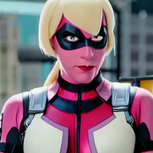 Image similar to A still of Gwenpool in Deadpool 3 (2023), no mask, blonde hair with pink highlights