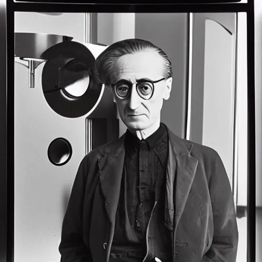 Image similar to Kodachrome portrait of Marcel Duchamp with an technologival machine, archival pigment print in the style of Hito Steyerl, studio shooting, contemporary art