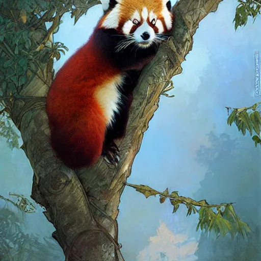Prompt: cute red panda in a tree, digital art, hyperrealistic, greg rutkowski, alphonse mucha, beautiful
