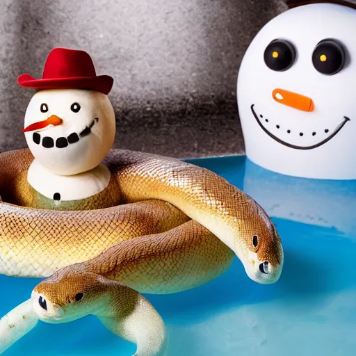 Image similar to cinematic photo of a taxidermized fat snake held by a smiling taxidermized snowman in a hot tub