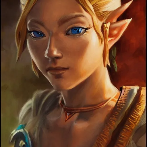 Image similar to an ultra - realistic portrait painting of zelda from the legend of zelda in the style of frank frazetta. 4 k. ultra - realistic. highly detailed. dark fantasy. epic lighting.