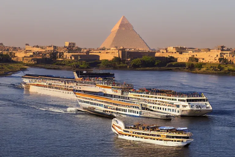 Image similar to realistic photo of the river nile, with the pyramids of giza in the background, a river flowing through the scene, cruise ship in the foreground, sunshine