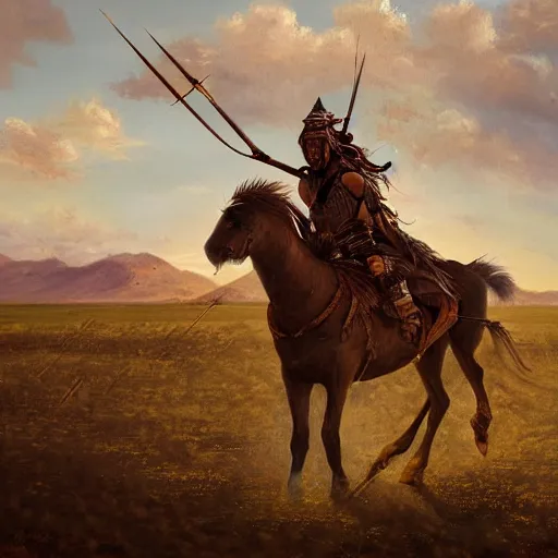 Prompt: mongolian warrior from ancient lands of taran shooting arrows from his horse in the distance, mongolian gobi grass lands landscape, highly detailed, ultrawide lens, impressionism, chiaroscuro, painting by artemisia, dark background