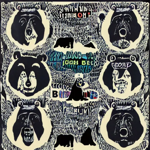 Prompt: Collage, vivid sound by Radiohead, bears, bears, modified bear, despot bears, ultra detailed, Tchock, by Tchock, by Stanley Donwood