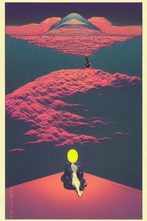 Image similar to man licks a tab of LSD acid on his tongue and experiences psychedelic hallucinations, by kawase hasui, moebius, Edward Hopper and James Gilleard, Zdzislaw Beksinski, Steven Outram colorful flat surreal design, hd, 8k, artstation