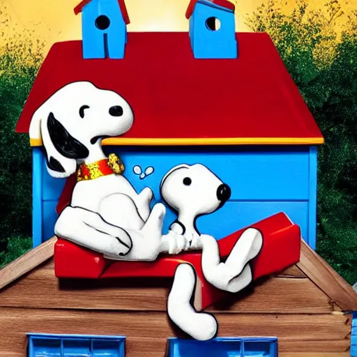 Image similar to snoop dog lying on top of snoopy's dog house, high detail