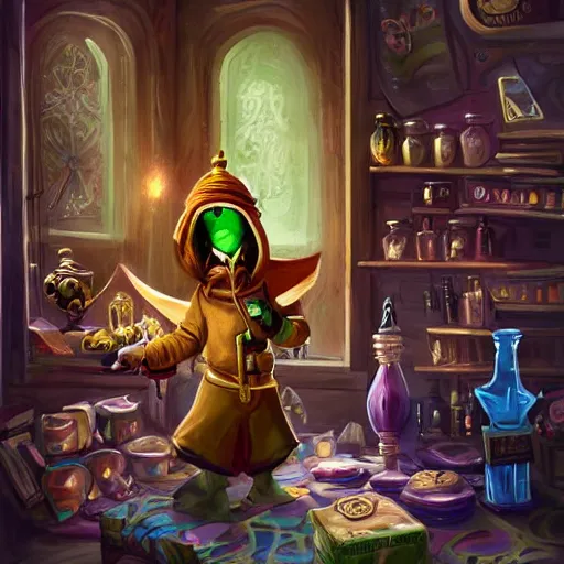 Image similar to Magic the gathering artwork of Anthropomorphized parrot trader in his shop, shelves full, selling a gem, portrait, items, magic potions, carpet, window, fancy funny hat, sly expression , cunning expression, cute expression, presenting magic gem, D&D, fantasy, cinematic lighting, highly detailed, digital painting, artstation, concept art, smooth, sharp focus, illustration, warm light, cozy warm tint, magic the gathering artwork, volumetric lighting, 8k, no gold, no gold colours, art by Akihiko Yoshida and Greg Rutkowski