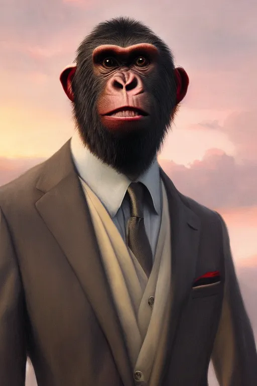 Prompt: portrait of terrified ape face wearing formal suit, failing over skyscraper, 8k hyper realistic, sunset, volumetric rays, fine art, artstation, matte painting, masterpiece by vasnetsov