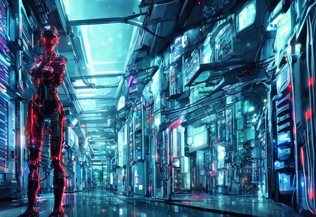 Prompt: shot of film by cyberpunk syle, human like a cyborg full body in detailed data center, character design, symmetrical, vivid color, complementary color, detailed, sharp lines, trending on artstation, volumetric lighting, by yoichi hatakenaka, by masamune shirow, by josan gonzales, octane render, server room