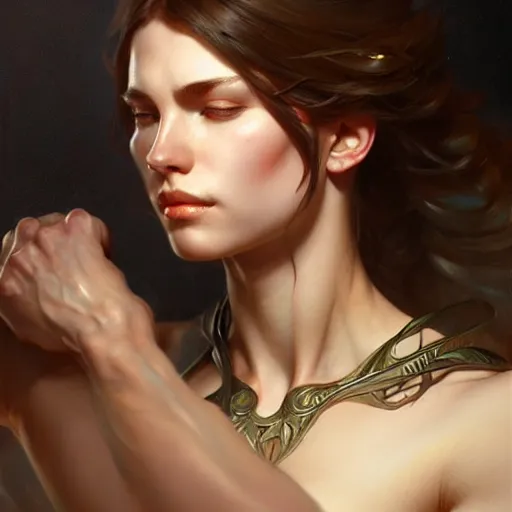 Image similar to , muscular upper body, D&D, fantasy, intricate, elegant, highly detailed, digital painting, artstation, concept art, smooth, sharp focus, illustration, art by artgerm and greg rutkowski and alphonse mucha