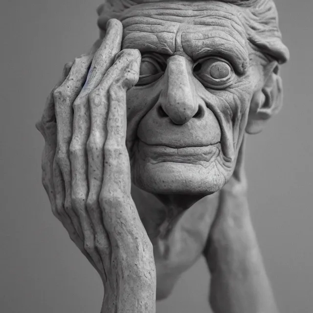 Prompt: photography of a sculpture of Samuel Beckett by Mahesh Nambiar and Michelangelo, made of clay, 50mm, studio atmosphere, 8K, rim light, octane render, ultra-realistic