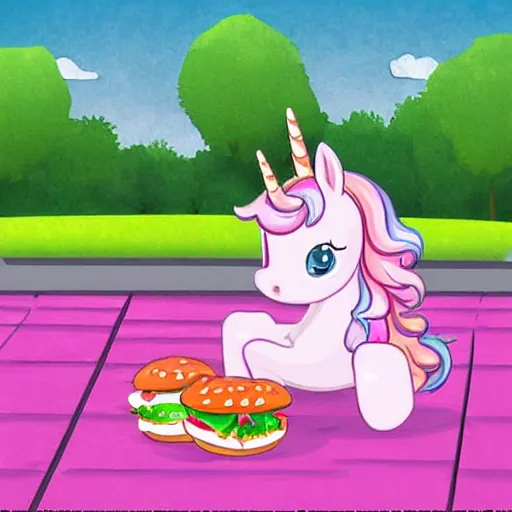 Prompt: a pretty pink unicorn character eating a little hamburger on the ground in a soccer field | digital art | very high quality | very detailed | totally awesome | very cute | horselike | eating a hamburger