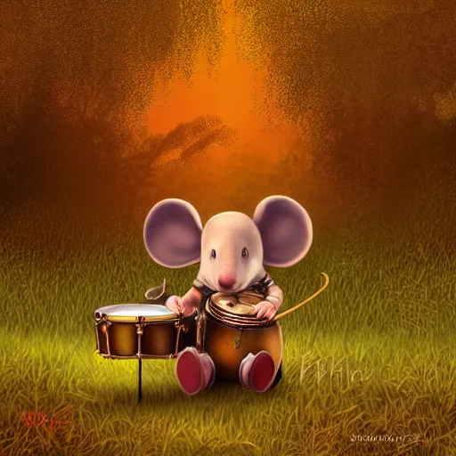 Image similar to musician mouse with drum, fantasy forrest, golden hour, digital art, medium shoot