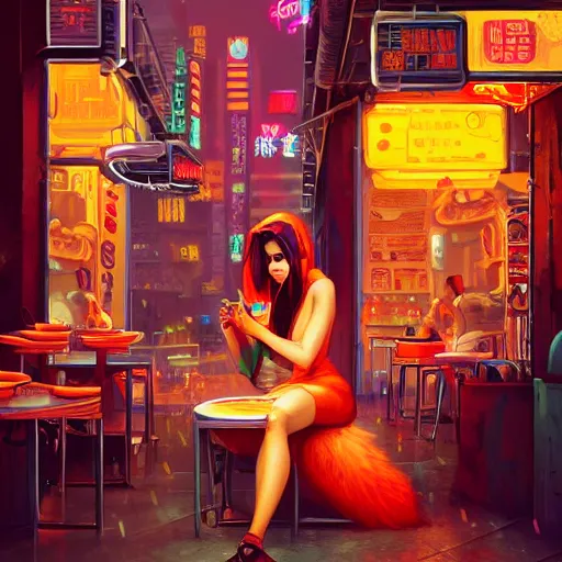 Image similar to anthropomorphic female vulpes vulpes fulva woman sitting at a noodle stand eating noodles in the crowded street of a cyberpunk city, rain, harsh neon lights, highly detailed, digital painting, trending on artstation, concept art, sharp focus, illustration, art by artgerm and greg rutkowski and magali villeneuve