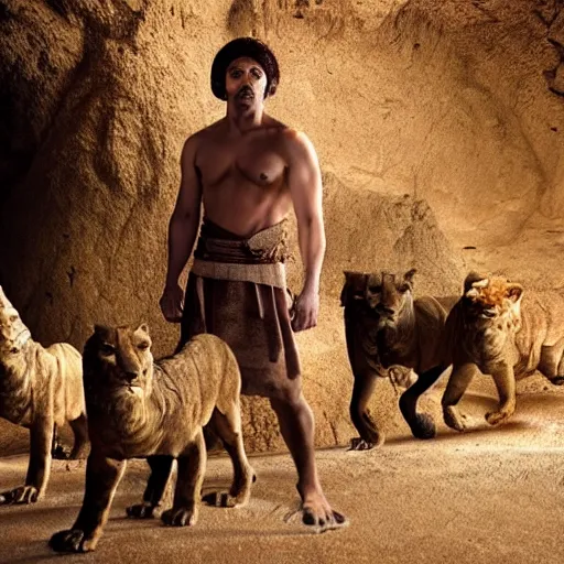 Image similar to dramatic film still of 3 5 year old man in ancient canaanite clothing surrounded by ferocious lions. cave interior background. directed by michael bay