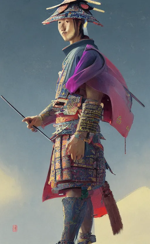 Prompt: portrait of a samurai man wearing multicolored robes, large straw hat, fantasy, highly detailed, cinematic lighting, digital art painting by greg rutkowski