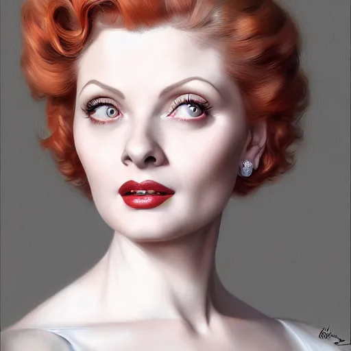 Image similar to beautiful striking Pre-Raphaelite Lucille Ball by Artgerm and Greg Rutkowski, pale, intricate, elegant, highly detailed, digital painting