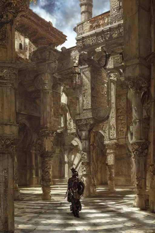 Image similar to an biomechanical palace guard walking through the byzantine courtyard by anders zorn, wonderful, mandelbulb, dynamic, masterpiece by greg rutkowski, beautiful cinematic light, by greg manchess, jessica rossier