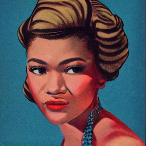 Image similar to “Zendaya portrait, color vintage magazine illustration 1950”