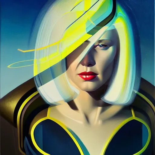 Prompt: a killian eng art deco style sci - fi blonde swedish woman as a pilot, oil on canvas, smooth, sharp focus, vibrant volumetric dark natural light, dark enlightenment, alchemy, albedo.