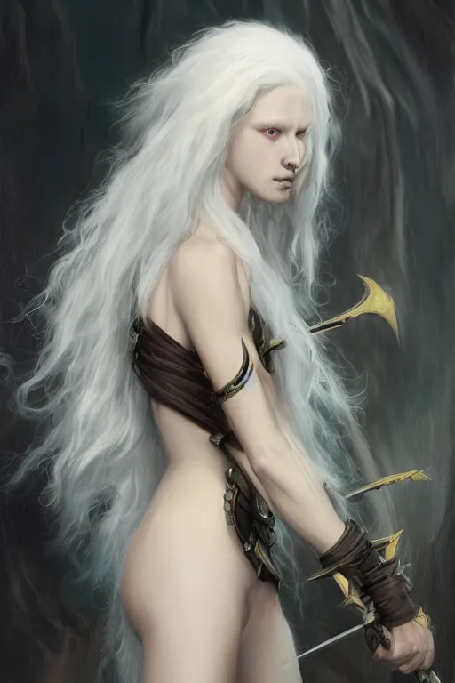 Image similar to fantasy painting of a long-haired albino with a black blade, painted by Bayard Wu, ultra detailed, 8k