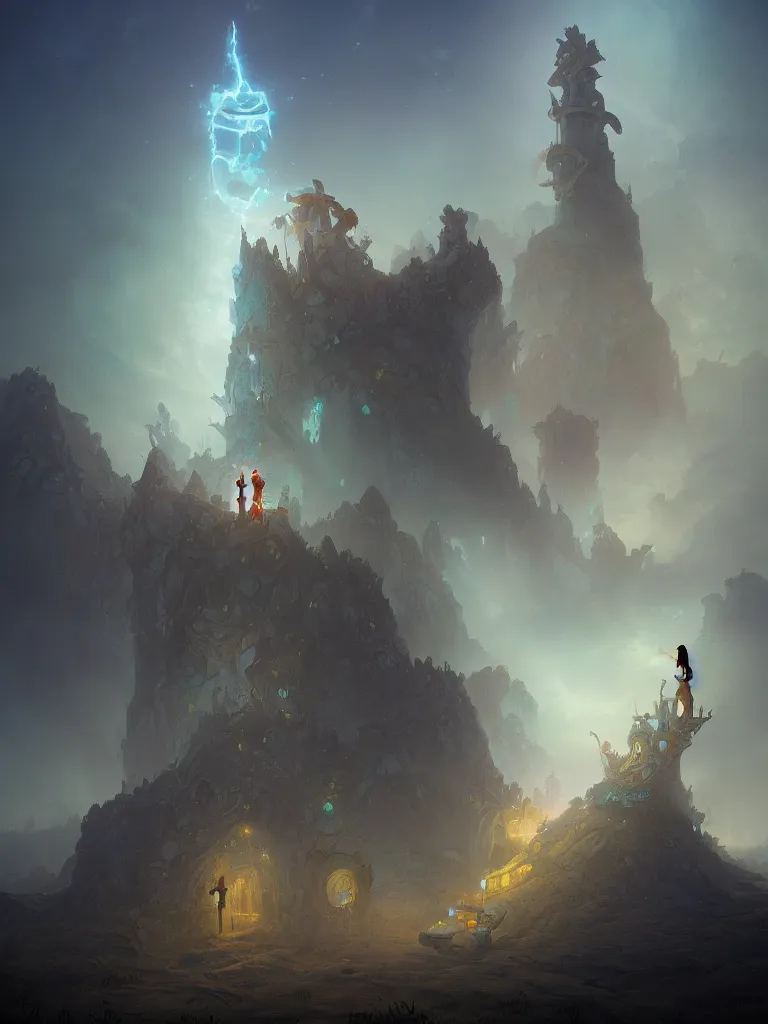 Image similar to a fantasy tower in a dune sea filled with ruins by Peter Mohrbacher, blue fireball, moody lighting, tarot card