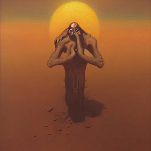 Prompt: desert goblin by Zdzisław Beksiński, oil on canvas