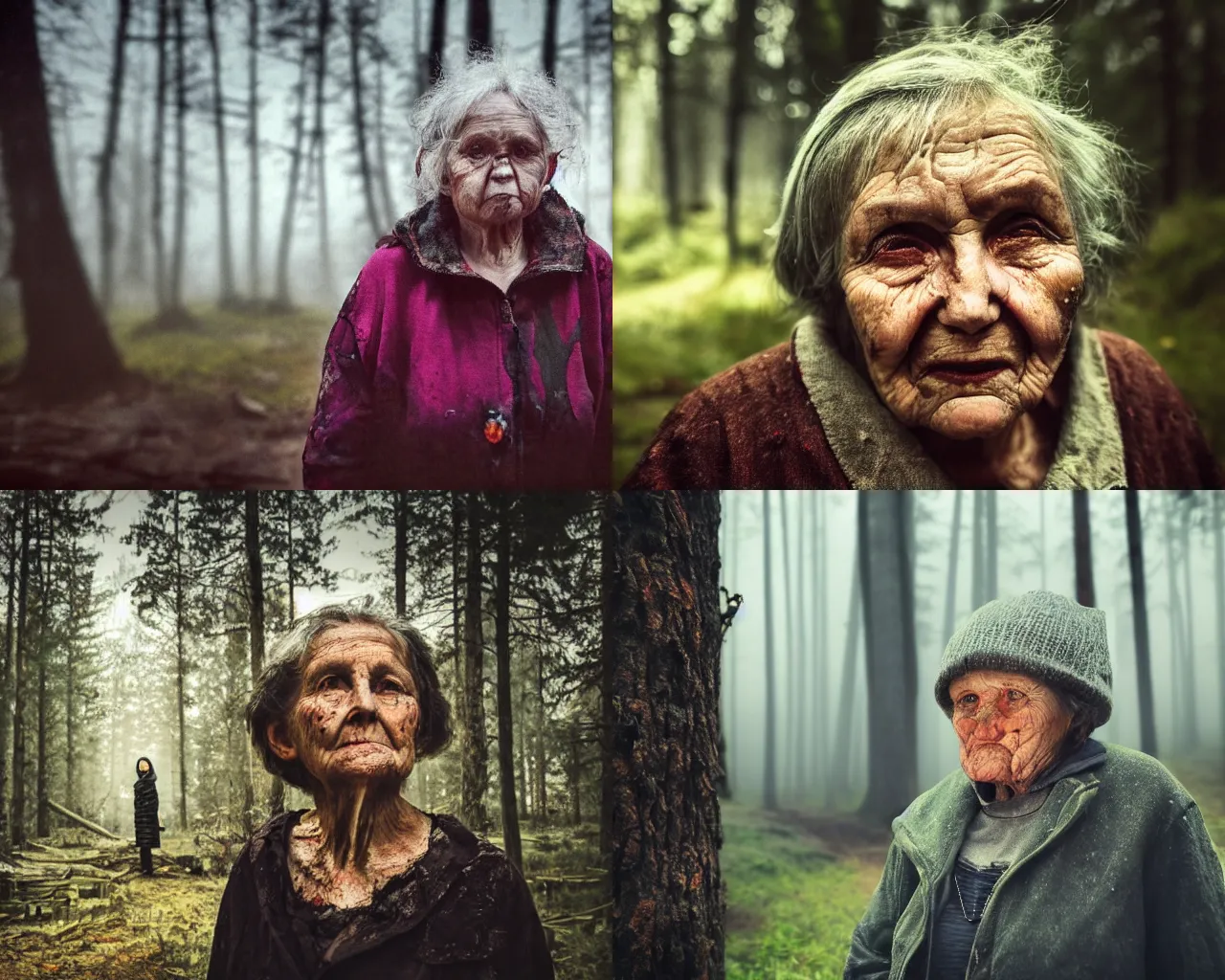 Prompt: close up portrait of an old woman with sinister face and dirty clothes standing outside of an old cabin, forest in the background, bokeh, depth of field, dramatic lighting, cinematic, vivid colors, matte painting, digital painting style, Simon Stålenhag color scheme