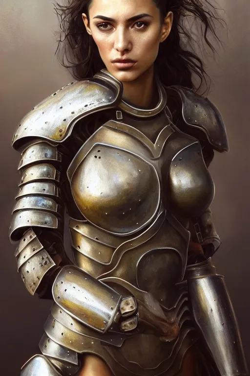 Image similar to a photo-realistically painted portrait of an attractive young woman, partially clothed in metal-plated battle armor, abstract background, flawless olive skin, fair complexion, long dark hair, beautiful bone structure, perfectly symmetric facial features, perfect photorealistic eyes, natural physique, intricate, elegant, digital painting, concept art, finely detailed, beautifully illustrated, sharp focus, minimal artifacts, volumetric lighting, from Metal Gear, by Ruan Jia and Mandy Jurgens and Artgerm and William-Adolphe Bouguerea, in the style of Greg Rutkowski, trending on Artstation, award winning art