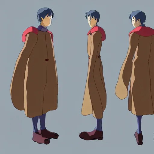 Image similar to a reference sheet containing three pictures of a hero by ghibli studio, front back view and side view, proportions, ready to model,