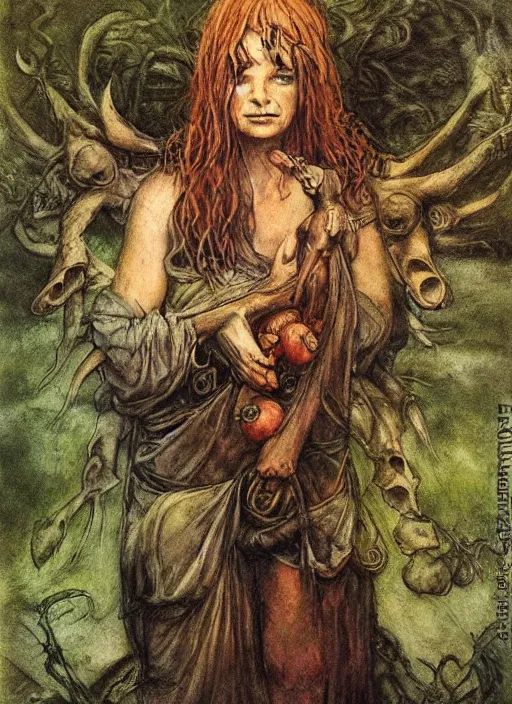 Image similar to portrait of diety of family and farming, coherent! by brom, by brian froud, deep color, strong line, high contrast