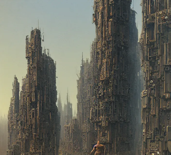 Image similar to gigantic mechanic megastructure tower in center, gothic, warhammer, cyberpunk, highly detailed, artstation, art by zdislav beksinski and wayne barlowe