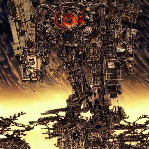 Image similar to mecha from hell, wind, hell machine, by nekro godmachine victo ngai yoji shinkawa junji ito shintaro kago apophasis hyperrealism, ominous, dark powers, incredible, huge, cityscape destruction,