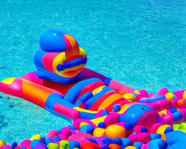 Image similar to a long shot of a giant award winning sculpture made out of tons of inflatable pool toys in the shape of a human head, on the surface of the ocean, in the style of chad knight, hyper detailed, hyper realistic, ray tracing, 8 k resolution, sharp focus, realistic water