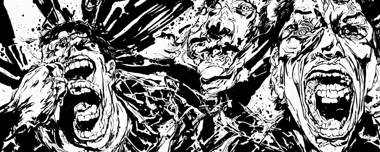 Image similar to portrait of a mad man screaming bursting black ink in style of josan gonzales,