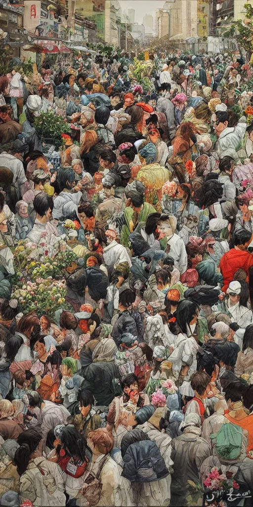 Image similar to oil painting scene crowd from blooming garden by kim jung gi