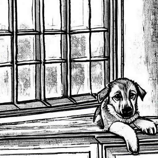 Prompt: low - angle illustration from 2 0 feet distance. a german shepherd puppy sits on the sofa near a bay window in a small cozy kitchen. in front of the sofa is a kitchen table made out of wood. lots of art hang on the walls. the puppy waits patiently while looking outside on a warm and sunny day. muted colors, bill watterson, comic