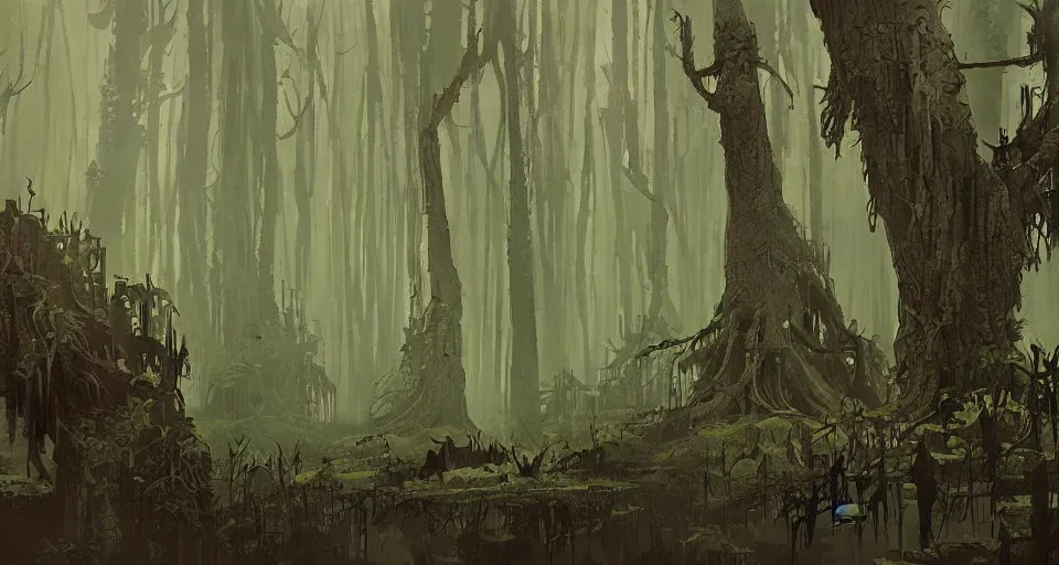 Prompt: A dense and dark enchanted forest with a swamp, by Ian McQue