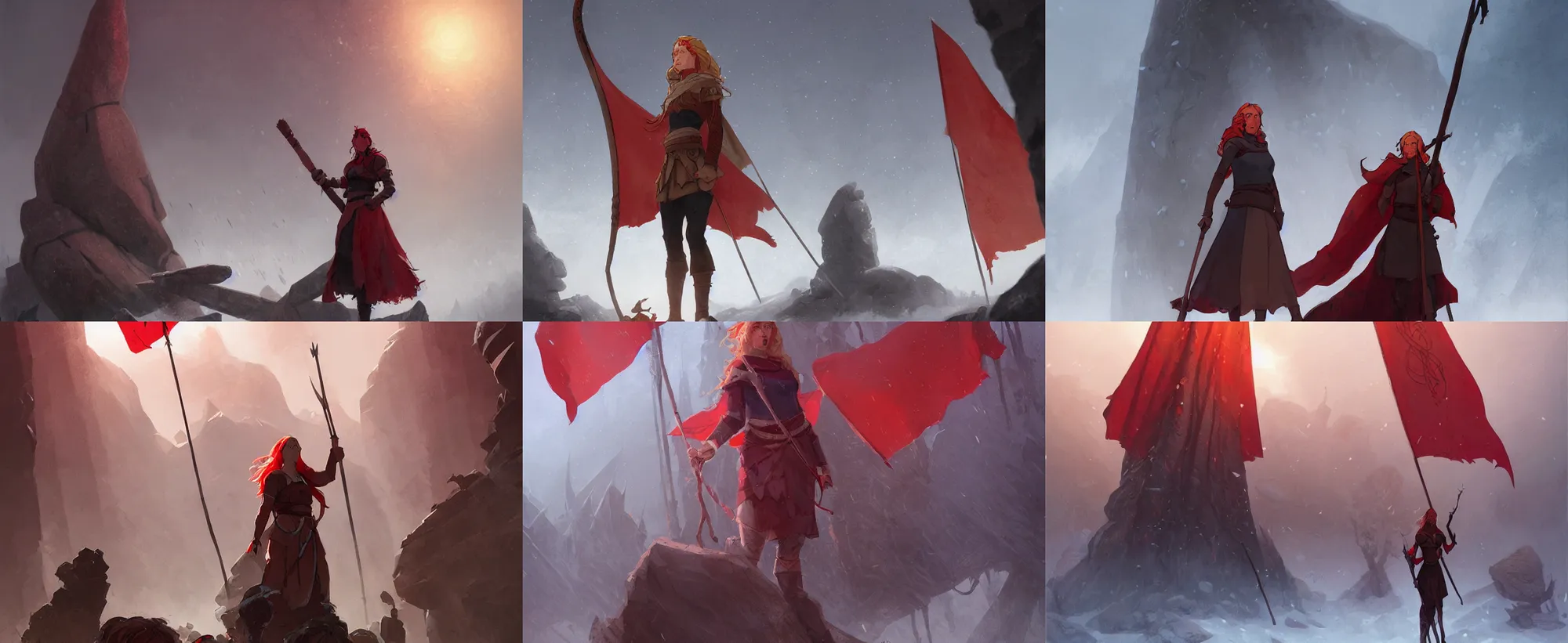 Prompt: Alette from Banner Saga standing in front of giant a rune stone, holding a red banner, nordic, epic, melancholic, perfect face, concept art, illustration, cover art, art by Greg Rutkowski