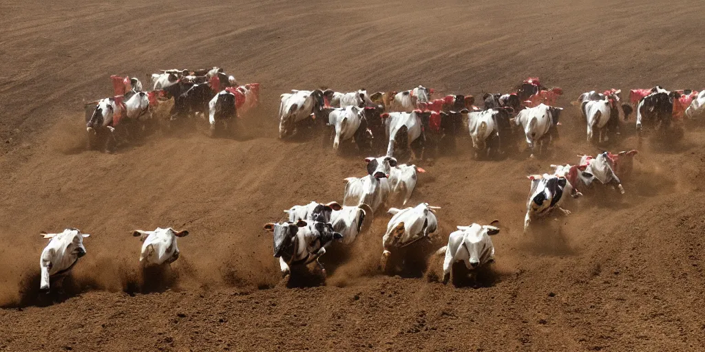 Prompt: a herd of cows, racing on a motocross track