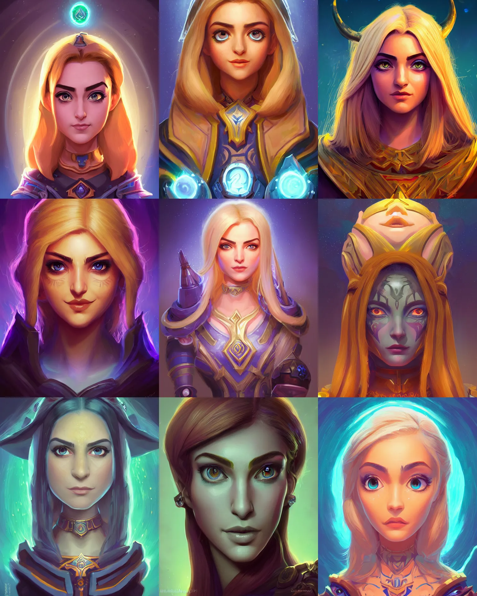 Prompt: masterpiece head-on symmetrical centered painted portrait, just one head, Maya Ali as Warcraft mage, blonde hair, RPG character avatar, Hearthstone concept art, pixar, dreamworks, gradient background, splash comics, global illumination lighting, trending on artstation, by lois van baarle, ilya kuvshinov, rossdraws